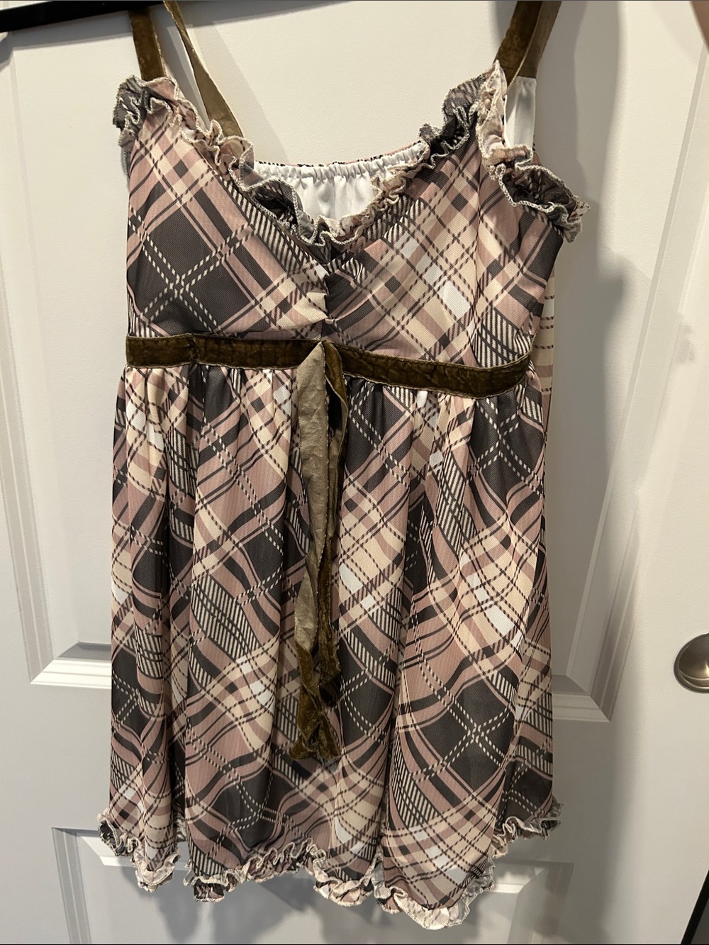 Pink Plaid Ruffle-Trim Dress with Velvet Tie